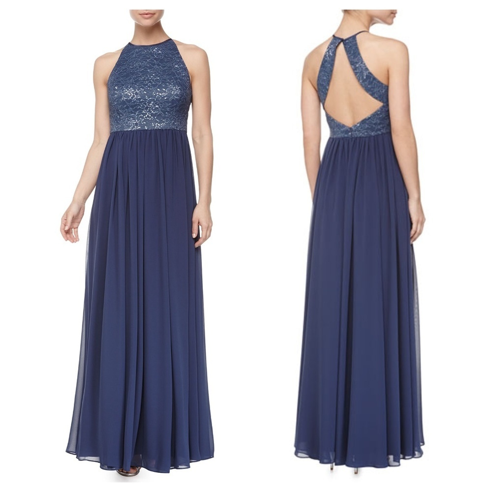 Vera Wang Lace Halter Open-Back Gown Dress